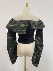 Off Shoulder Camouflage Patchwork Shirt