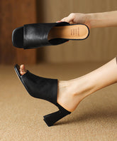 Black Chunky Heel Sheepskin New Style Slide Sandals Peep Toe