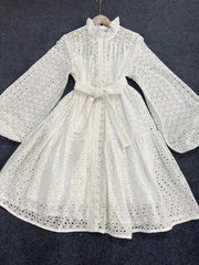 Hollow Out Lantern Sleeve Tie Waist A-Line Dress