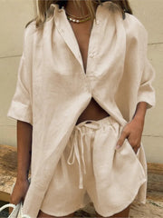 Solid Linen Loose Shirt + Short Set