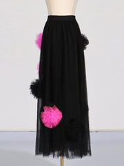 Mesh Flower Splicing High Waist Skirt
