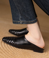 Classy Splicing Comfy Black Cowhide Leather Slide Sandals