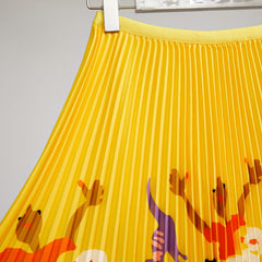 Retro Printed Pleated Slim Top Elastic Waist Set