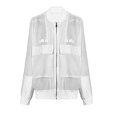 White Organza Stand Collar Long Sleeve Jacket