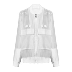 White Organza Stand Collar Long Sleeve Jacket