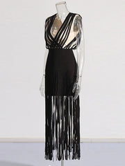 Tassel Deep V-neck Waist Bandage Long Dress