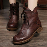 Cozy Lace Up Leather Chunky Heels Martin Boots