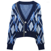 Rhombus Jacquard Diamond Stitching V-neck Knitted Cardigan