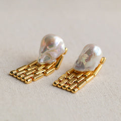 Retro Wide Chain Baroque Pearl Earrings