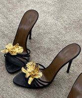 Black Stiletto Faux Leather Fashion Floral Splicing Slide Sandals