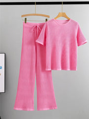 Semi Transparent Loose Knit T-Shirt + Wide Leg Pants Set