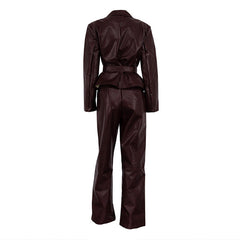 Vintage Burgundy Faux Leather Tie Waist Jacket + Pants Set