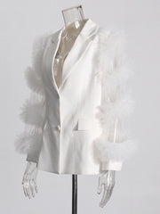 Solid Splicing Mesh Ruffle Double Breasted Suit Jacket