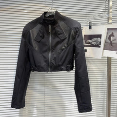 PU Leather Splicing Shoulder Pad Short Jacket