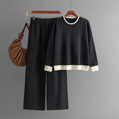 Round Neck Knitted Sweater + Wide Leg Pants Set