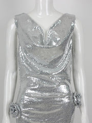 Silver Sequined 3D Flower High-Split Maxi Dress