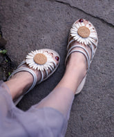 Beige Faux Leather Women Floral Splicing Slide Sandals