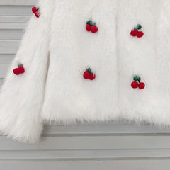 3D Cherry White Fur Jacket