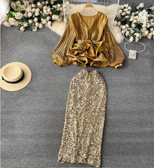 Waist-Cinching Ruffled Pleated Top + High-Waisted Sequined Skirt