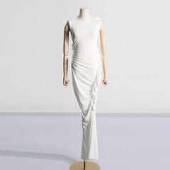White Pleated Hip Hugging Maxi Dress