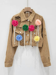 Spliced Colorful Flower Diamond Tassel Denim Jacket