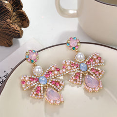 Pearl Crystal Glass Metal Bow Earrings