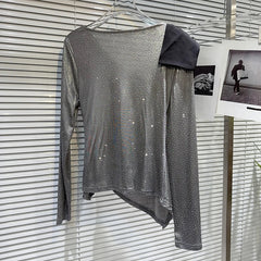 Hot Diamond Slanted Neck Pleated Mesh Top