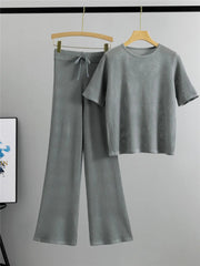 Semi Transparent Loose Knit T-Shirt + Wide Leg Pants Set