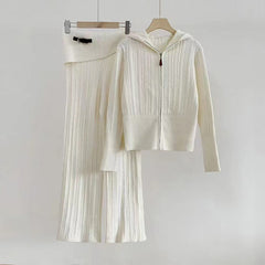 Hooded Knit Zip Up Cardigan + Knit Pants Set