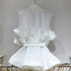 V-Neck Folded Spliced Sleeveless Lace-Up Waist Top