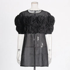 Retro 3D Rose Fluffy Sleeve Slim Fit Mini Dress