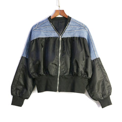 Pleated Color Block Denim Loose Jacket