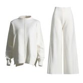 Solid Knitted Long Sleeve Top + High Waist Straight Pants