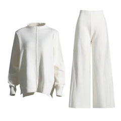 Solid Knitted Long Sleeve Top + High Waist Straight Pants