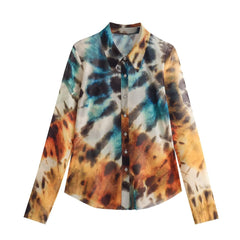 Tie-Dye Printed V-Neck Long Sleeve Shirt Top