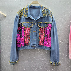 Sequined Puff Sleeve Short Denim Jacket