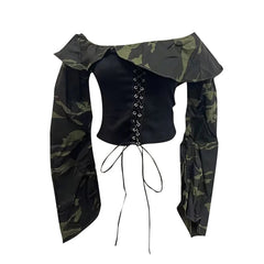 Off Shoulder Camouflage Patchwork Shirt