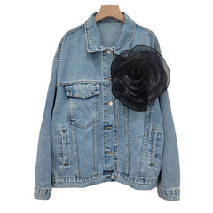 Spliced 3D Flower Long Sleeve Blue Denim Jacket