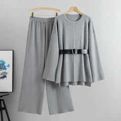 Knitted Loose Belted Sweater + Wide Leg Pants Set