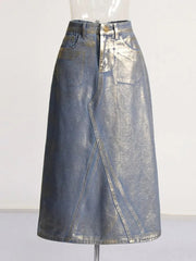Patchwork Mid Rise A-Line Denim Skirt