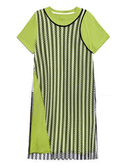 Irregular Striped Mesh Short Sleeved Midi Dress