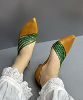 Brown Cowhide Leather Splicing Kitten Sandals Pointed Toe