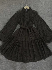 Hollow Out Lantern Sleeve Tie Waist A-Line Dress