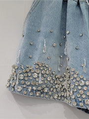 Tassel Bead Inlaid Diamond Wide Leg Denim Shorts