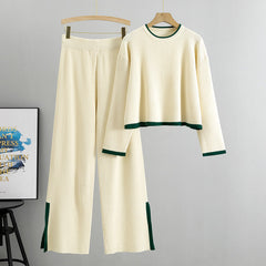 Knitted Short Sweater + Wide Leg Pants Set