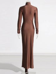 Solid Bodycon Long Sleeve High Waist Patchwork Folds Maxi Dress