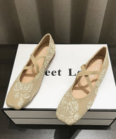 Apricot Embroidered Cross Strap Splicing Flat Shoes For Women
