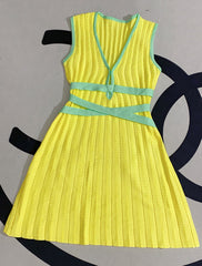 Sleeveless Waist Color Blocking Deep V Camisole Knitted Pleated Dress