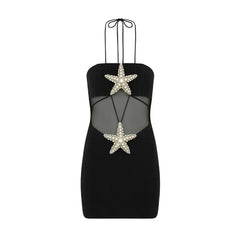 Pre Order: Black Halter Starfish Mesh Patchwork Bandage Dress