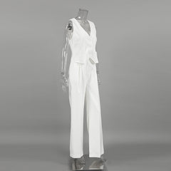 High-End White V-Neck Vest + Trousers Set
